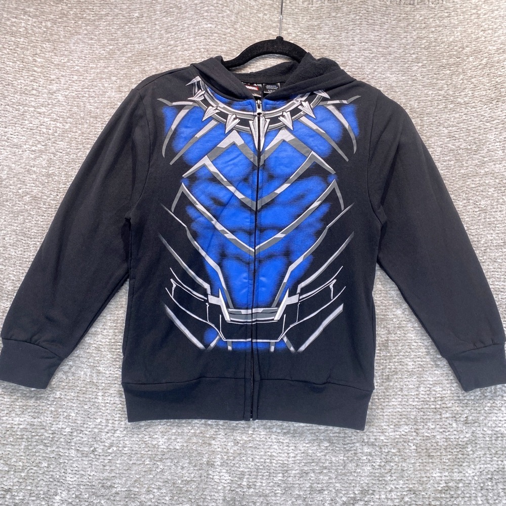 Marvel Black Panther Boys Full Zip‎ Hoodie Black Blue Graphic Sweatshirt Size S